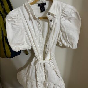 Puff sleeve white denim dress